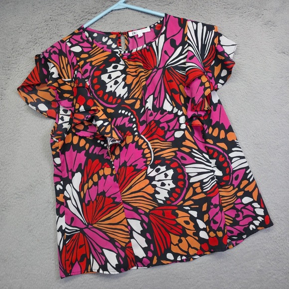 DR2 Top Women L Pink Red Flutter Sleeve Butterfly Bold Colorful Artisan Abstract - Picture 1 of 14